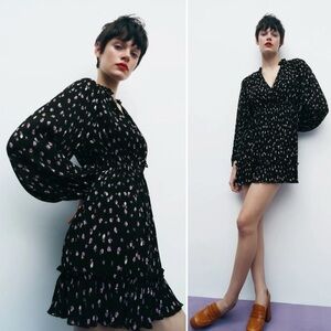 Zara Black and Purple Floral Ruffle Mini Dress